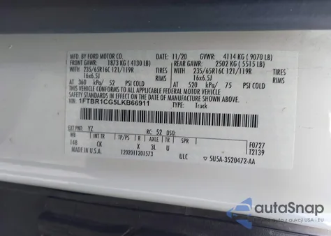 2020 Ford Transit-250 Cargo Van z USA, uszkodzony, nr VIN 1FTBR1CG5LKB66911